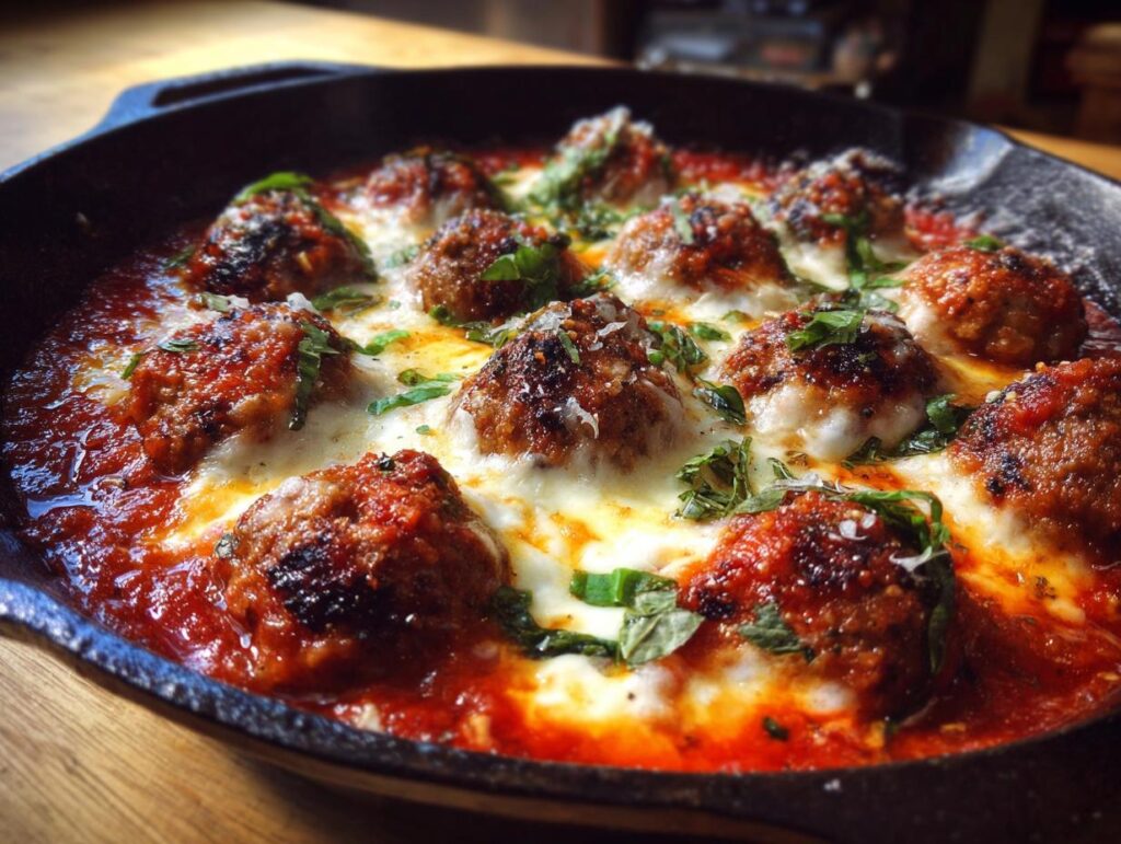 Close-up of a Skillet Meatball and Mozzarella Bake in a cast iron skillet, with melted cheese and fresh herbs.