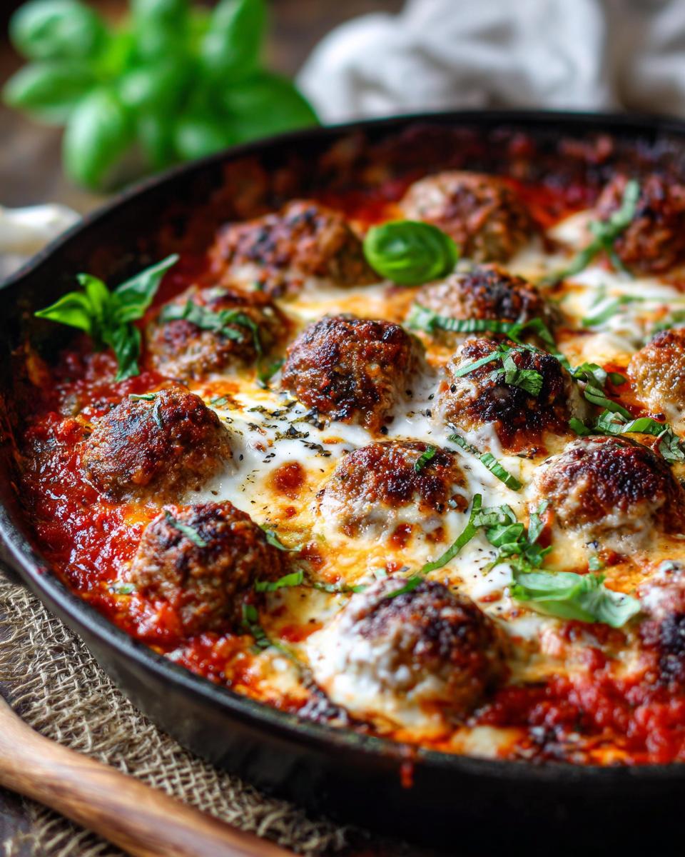 Close-up of a skillet meatball and mozzarella bake with melted cheese and fresh basil.