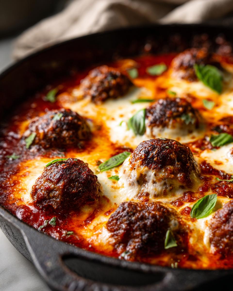 Close-up of a Skillet Meatball and Mozzarella Bake in a cast iron skillet, with melted mozzarella and fresh basil.