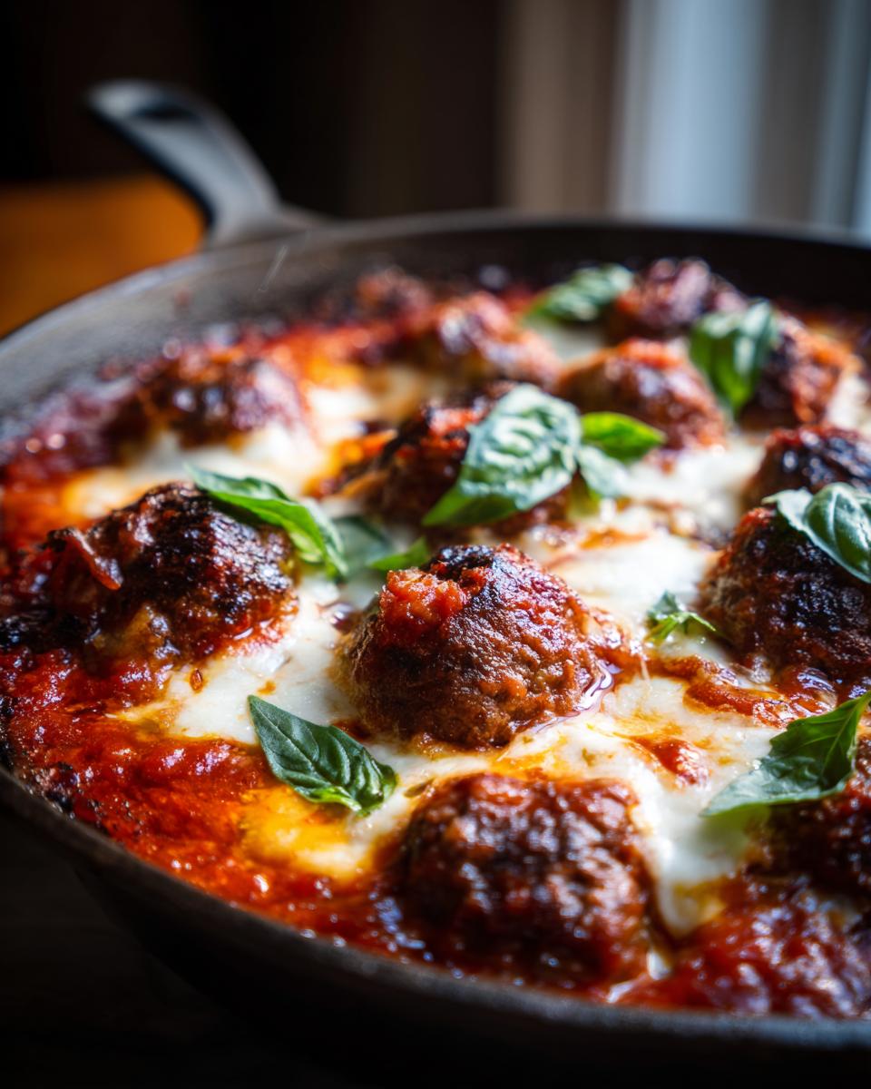 Close-up of a Skillet Meatball and Mozzarella Bake in a cast iron skillet, topped with fresh basil.