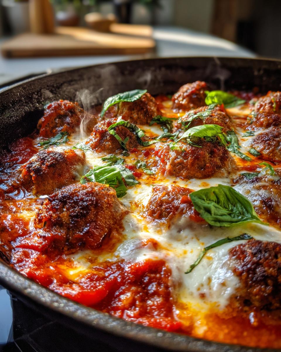 Close-up of a Skillet Meatball and Mozzarella Bake in a cast iron skillet, topped with fresh basil.