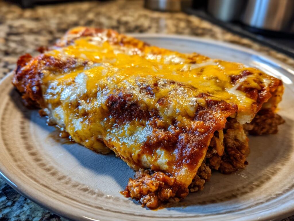 Close-up of a plate with Slow Cooker Bean and Cheese Enchiladas, topped with melted cheese.