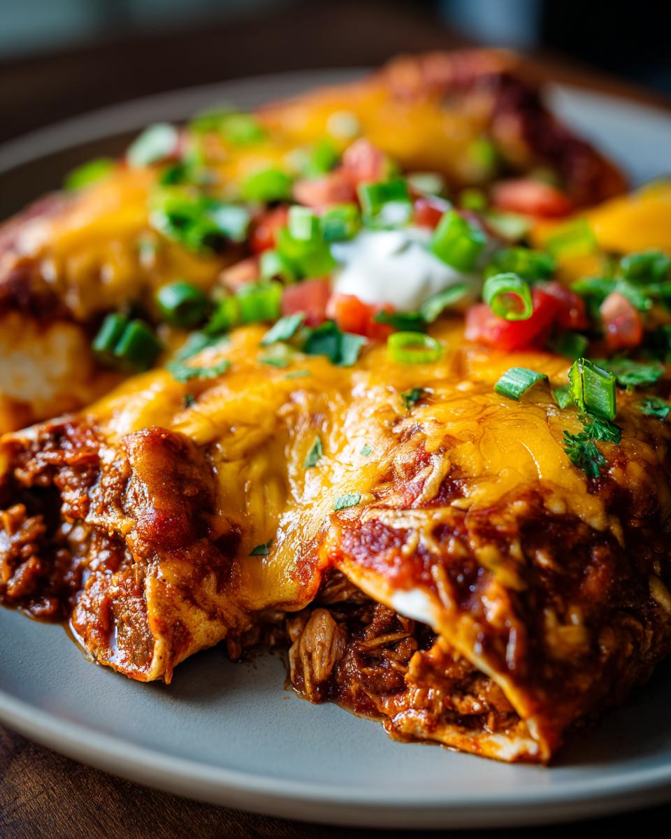 Close-up of Slow Cooker Bean and Cheese Enchiladas topped with fresh garnishes.