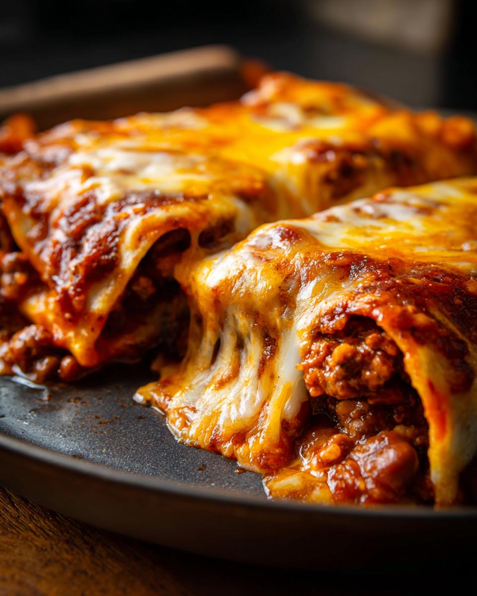 Close-up of cheesy Slow Cooker Bean and Cheese Enchiladas on a plate, with melted cheese.