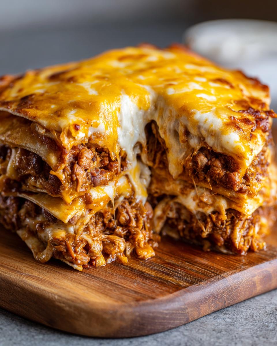 Close-up of a slice of Slow Cooker Bean and Cheese Enchiladas on a wooden board, with melted cheese.