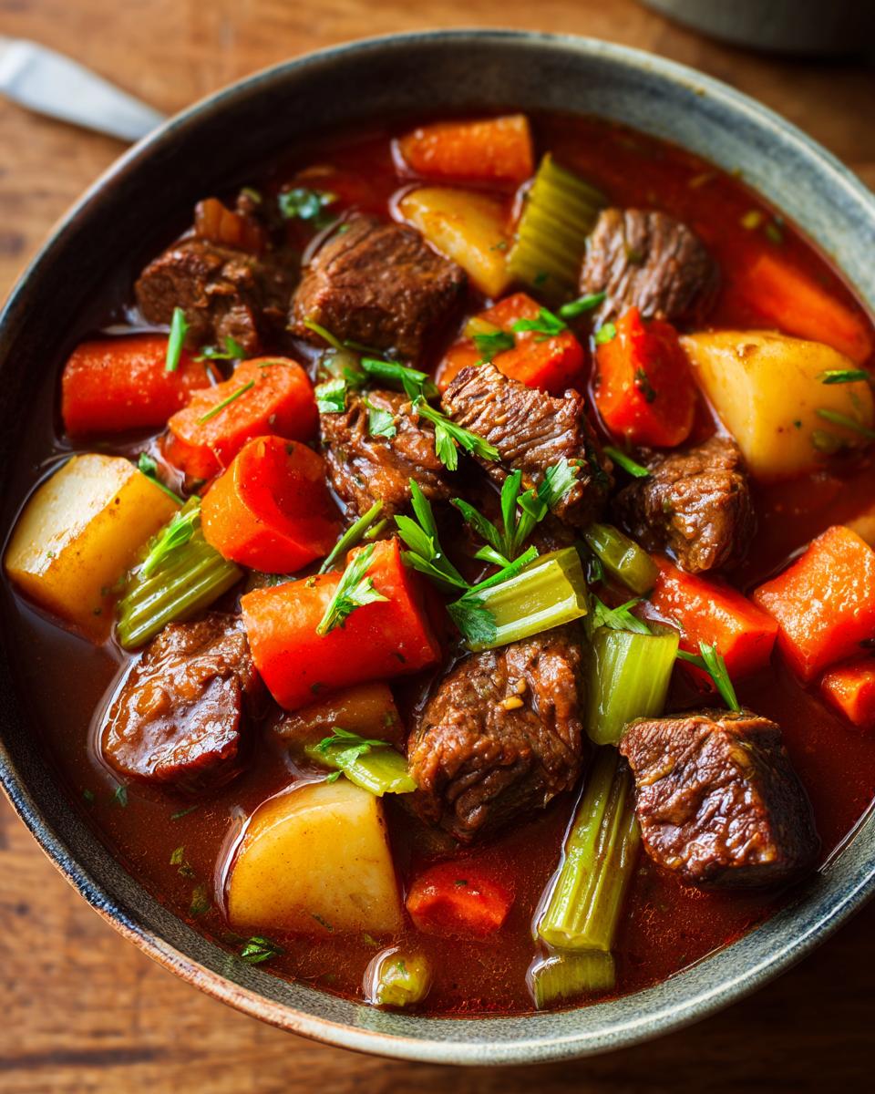 Close-up of a bowl of Slow Cooker Beef Stew Soup with beef, carrots, potatoes, and celery.