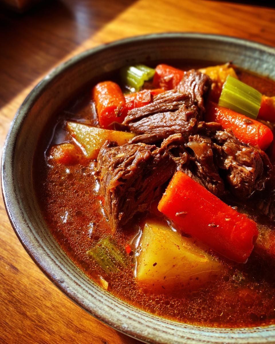Close-up of a bowl of Slow Cooker Beef Stew Soup with beef, carrots, celery, and potatoes.