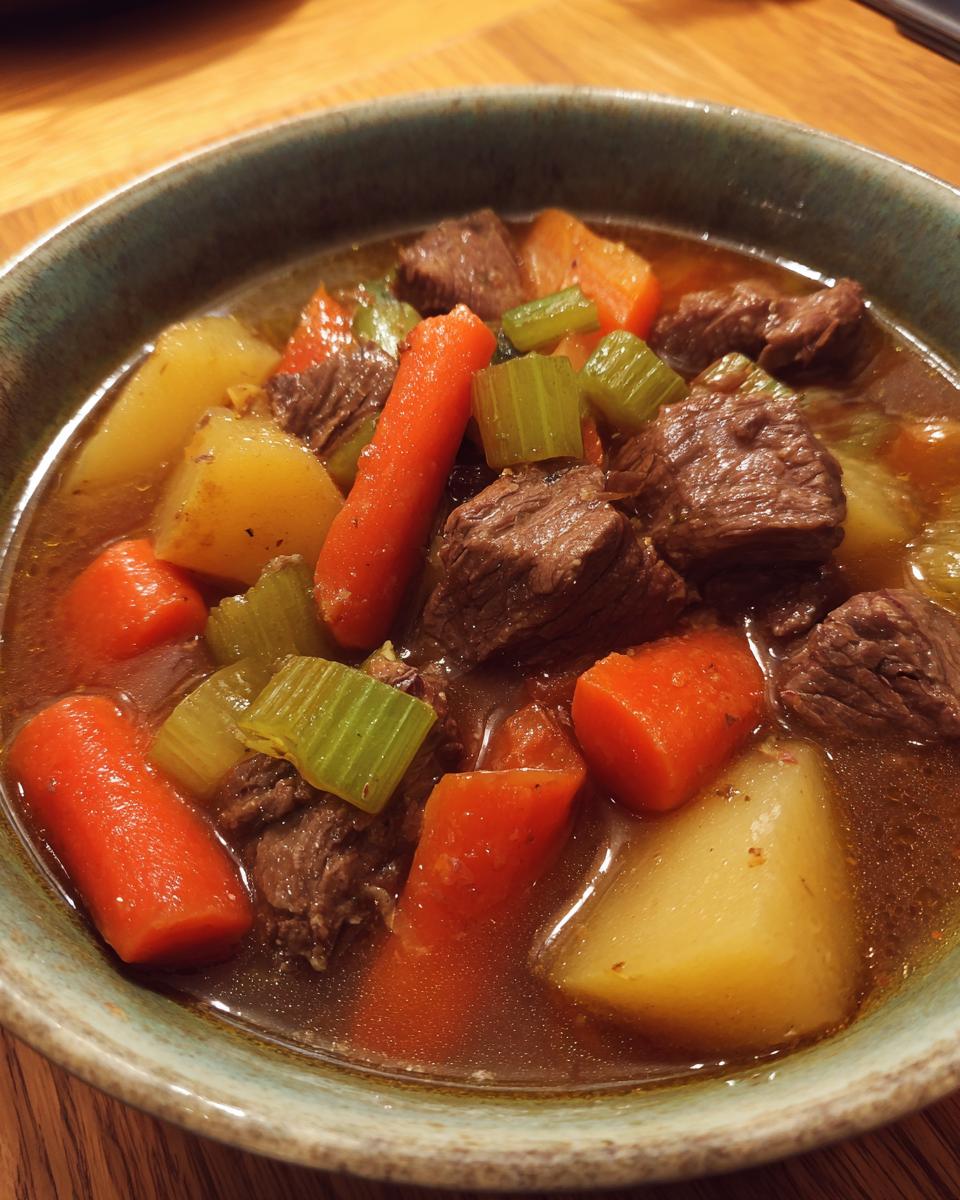 Close-up of a bowl of Slow Cooker Beef Stew Soup with beef, carrots, potatoes, and celery.