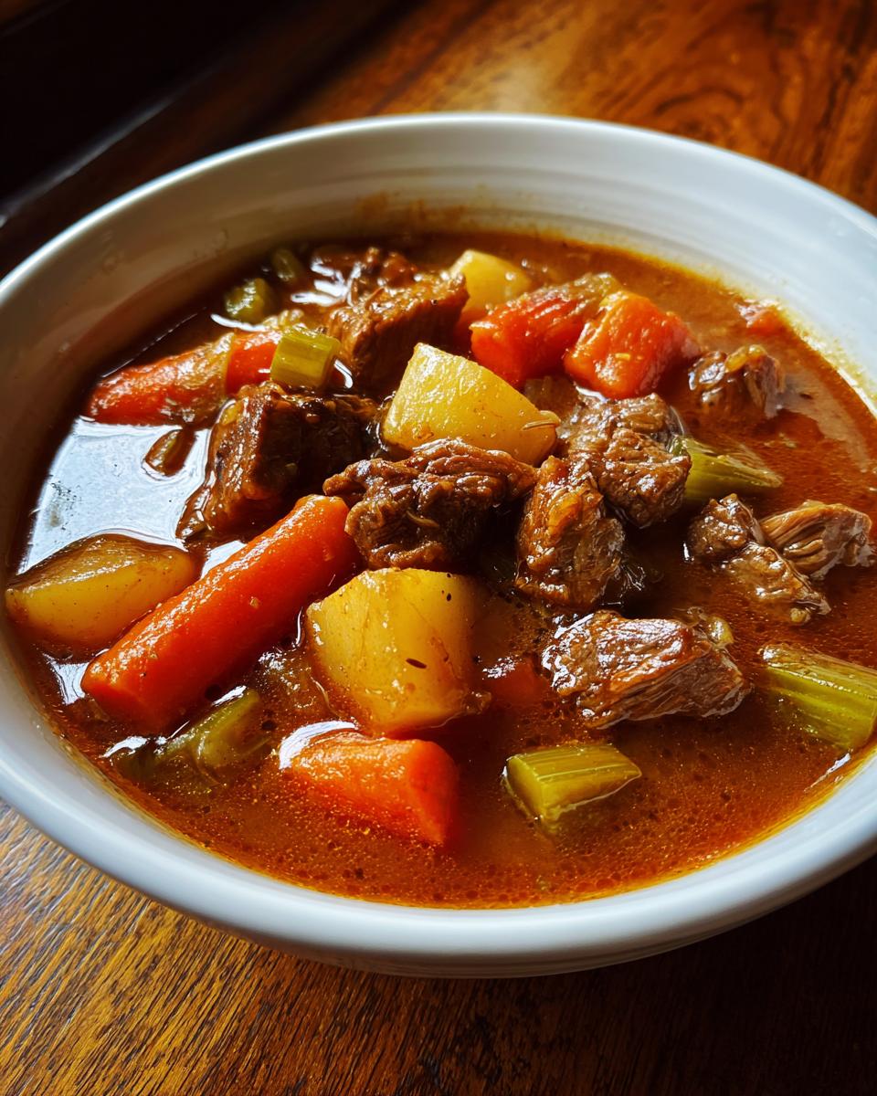 Close-up of a bowl filled with Slow Cooker Beef Stew Soup, featuring beef, carrots, potatoes, and celery.