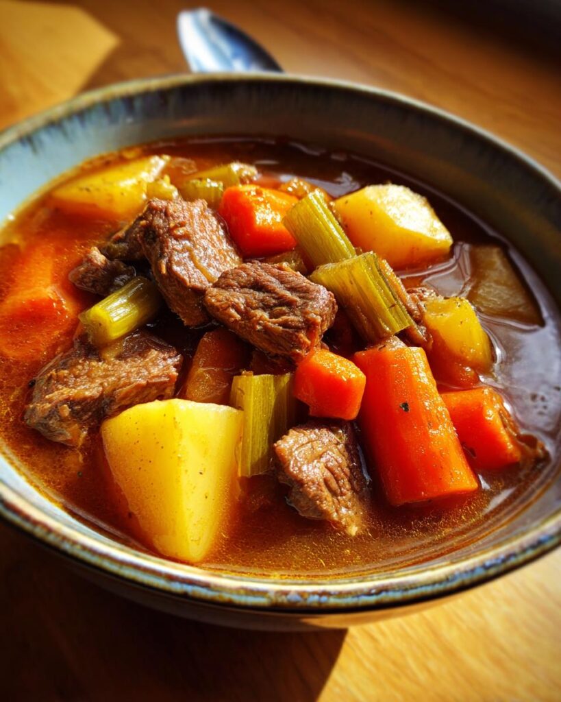 Close-up of a bowl of Slow Cooker Beef Stew Soup with beef, carrots, celery, and potatoes.