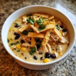 A bowl of Slow-Cooker Creamy Tortilla Soup with toppings.