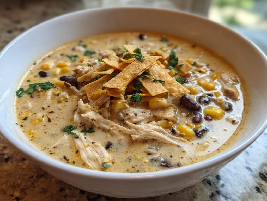Close-up of a bowl of creamy Slow-Cooker Creamy Tortilla Soup with toppings.