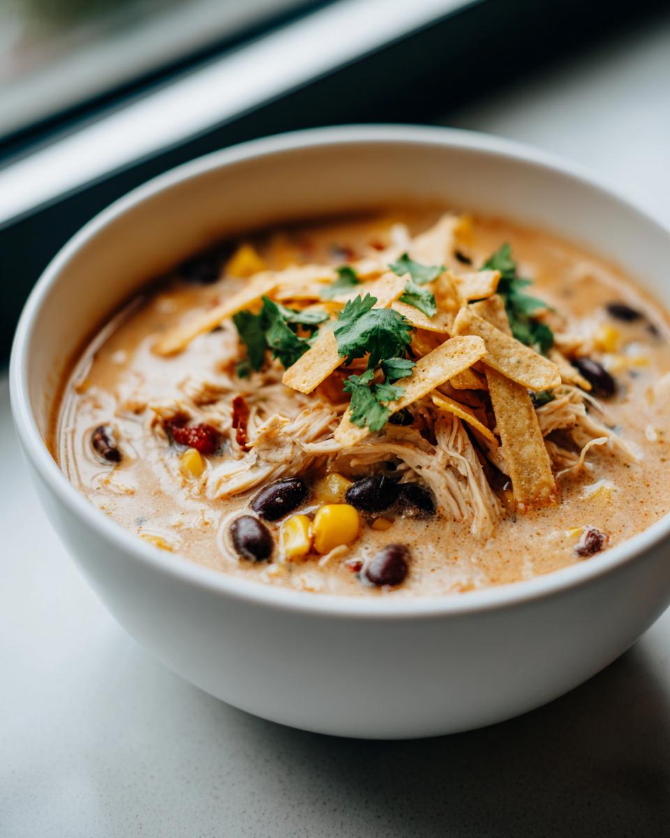 Close-up of a bowl of Slow-Cooker Creamy Tortilla Soup with toppings.