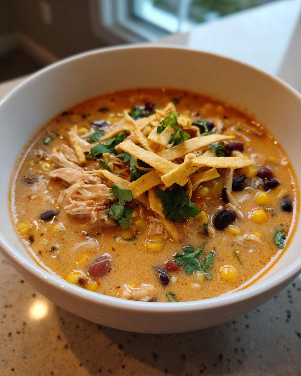 A bowl of creamy Slow-Cooker Creamy Tortilla Soup with toppings.