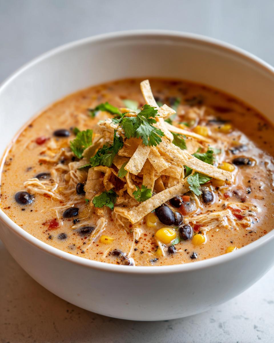 Close-up of a bowl of Slow-Cooker Creamy Tortilla Soup, garnished with tortilla strips and cilantro.