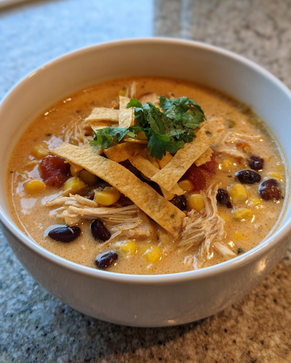 A bowl of creamy tortilla soup with toppings, including tortilla strips and cilantro. This is the Slow-Cooker Creamy Tortilla Soup.