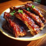 Close-up of tender Slow Cooker Honey Garlic Pork Ribs, glazed and garnished with fresh herbs.