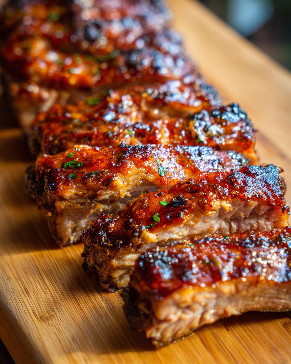 Close-up of juicy Slow Cooker Honey Garlic Pork Ribs on a wooden cutting board, glazed and ready to eat.