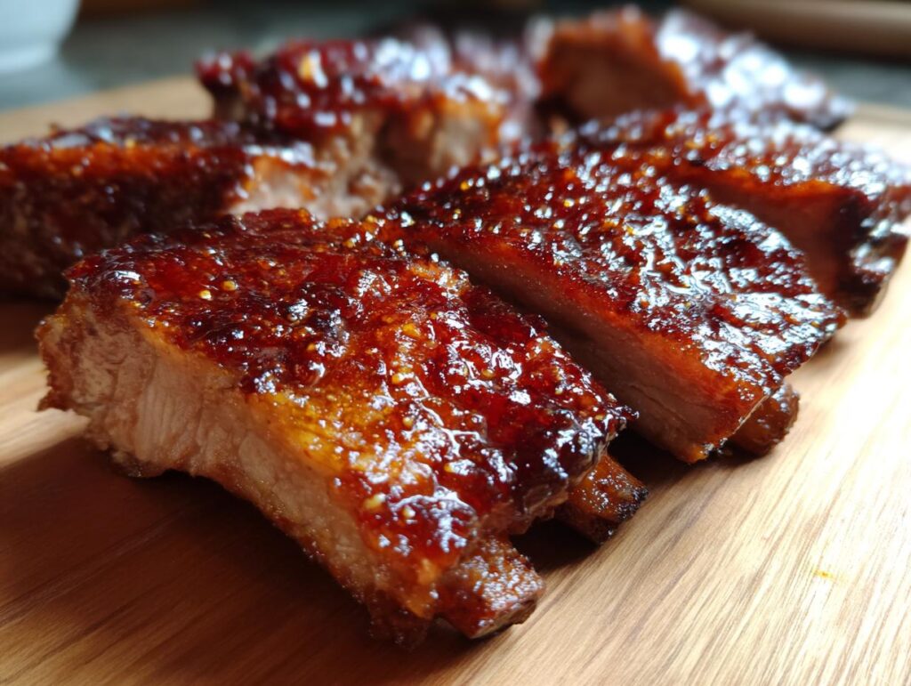 Close-up of juicy Slow Cooker Honey Garlic Pork Ribs, glazed and ready to eat.