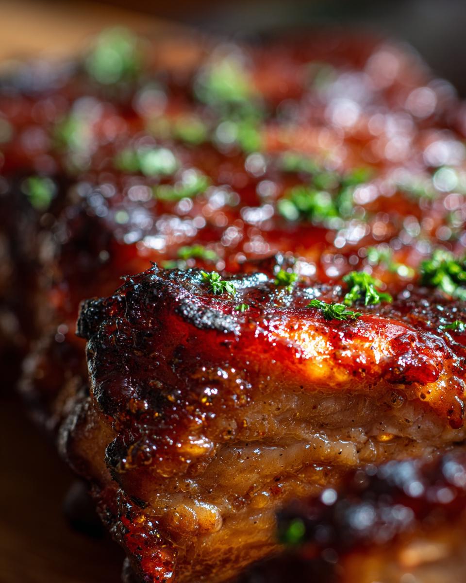 Close-up of glistening Slow Cooker Honey Garlic Pork Ribs, garnished with fresh herbs.