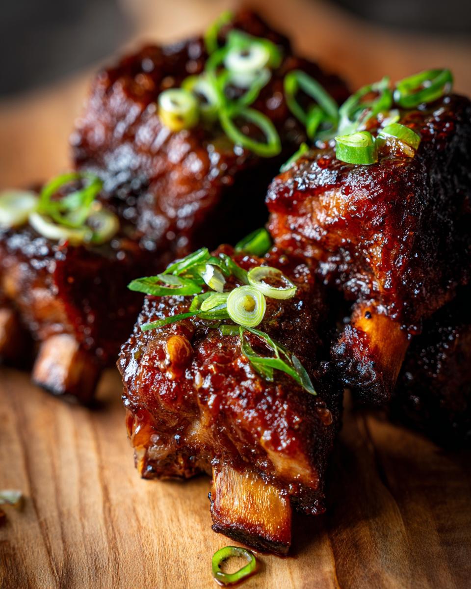 Close-up of tender Slow Cooker Honey Garlic Pork Ribs, glazed with a glossy sauce and garnished with green onions.