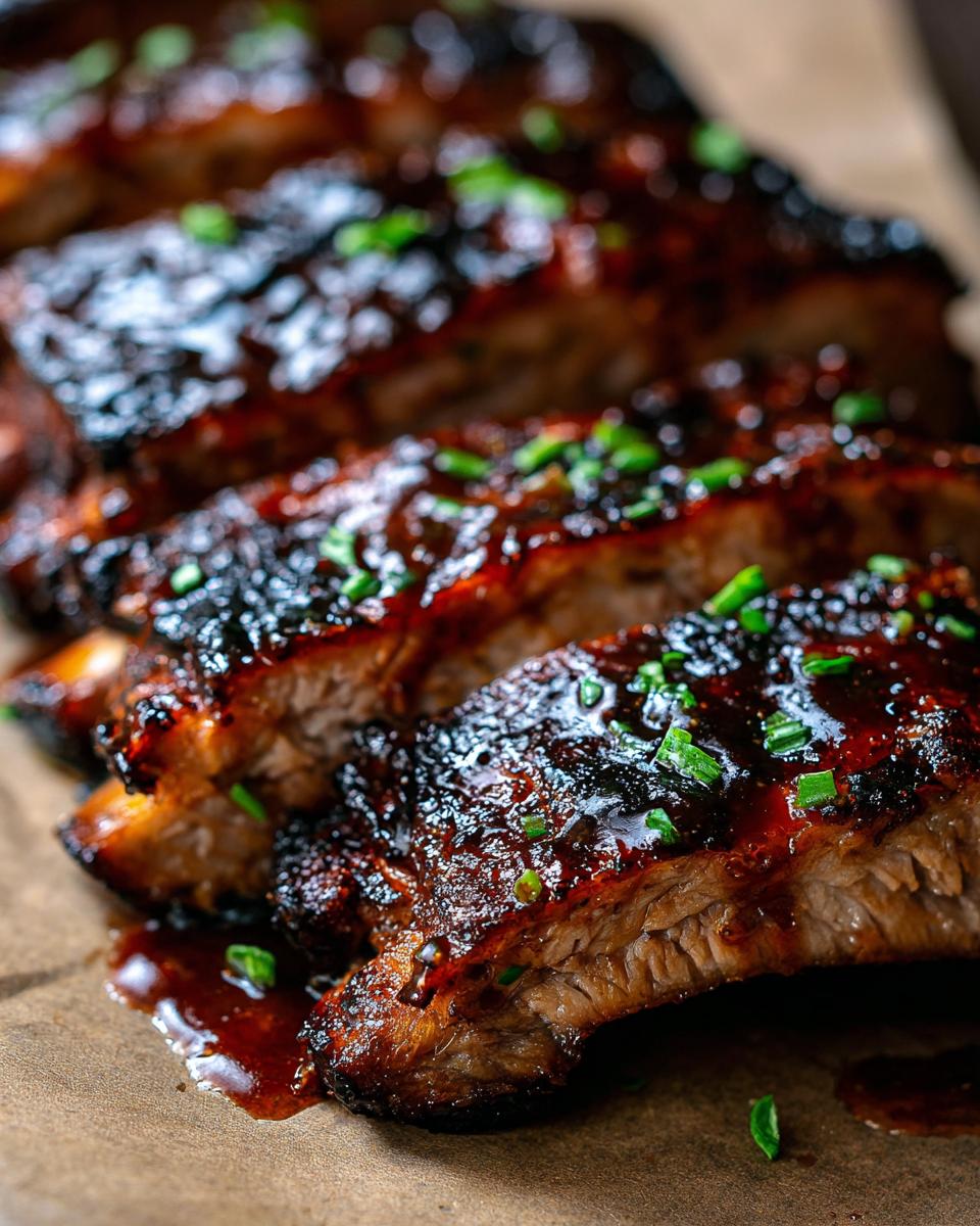 Close-up of tender Slow Cooker Honey Garlic Pork Ribs, glazed and garnished with chives.