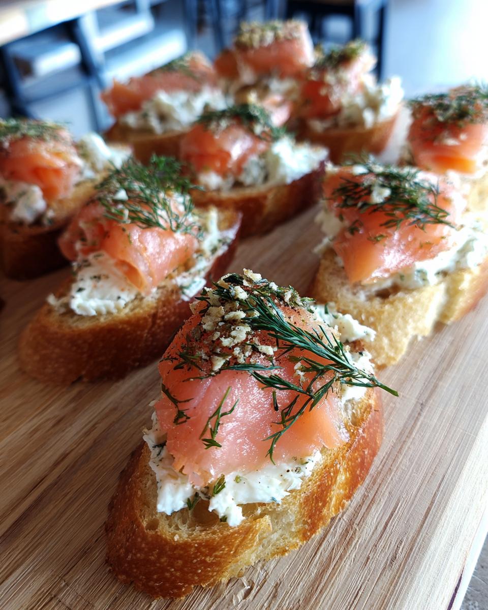 Close-up of Smoked Salmon Crostini with Cream Cheese & Dill, garnished with fresh dill and capers on a wooden board.