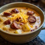 Close-up of a bowl of creamy Smoked Sausage & Potato Soup, topped with cheese.