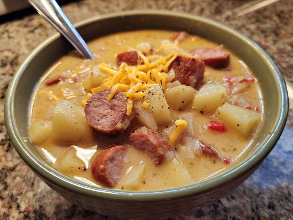 Close-up of a bowl of Smoked Sausage & Potato Soup, garnished with cheese and pepper.