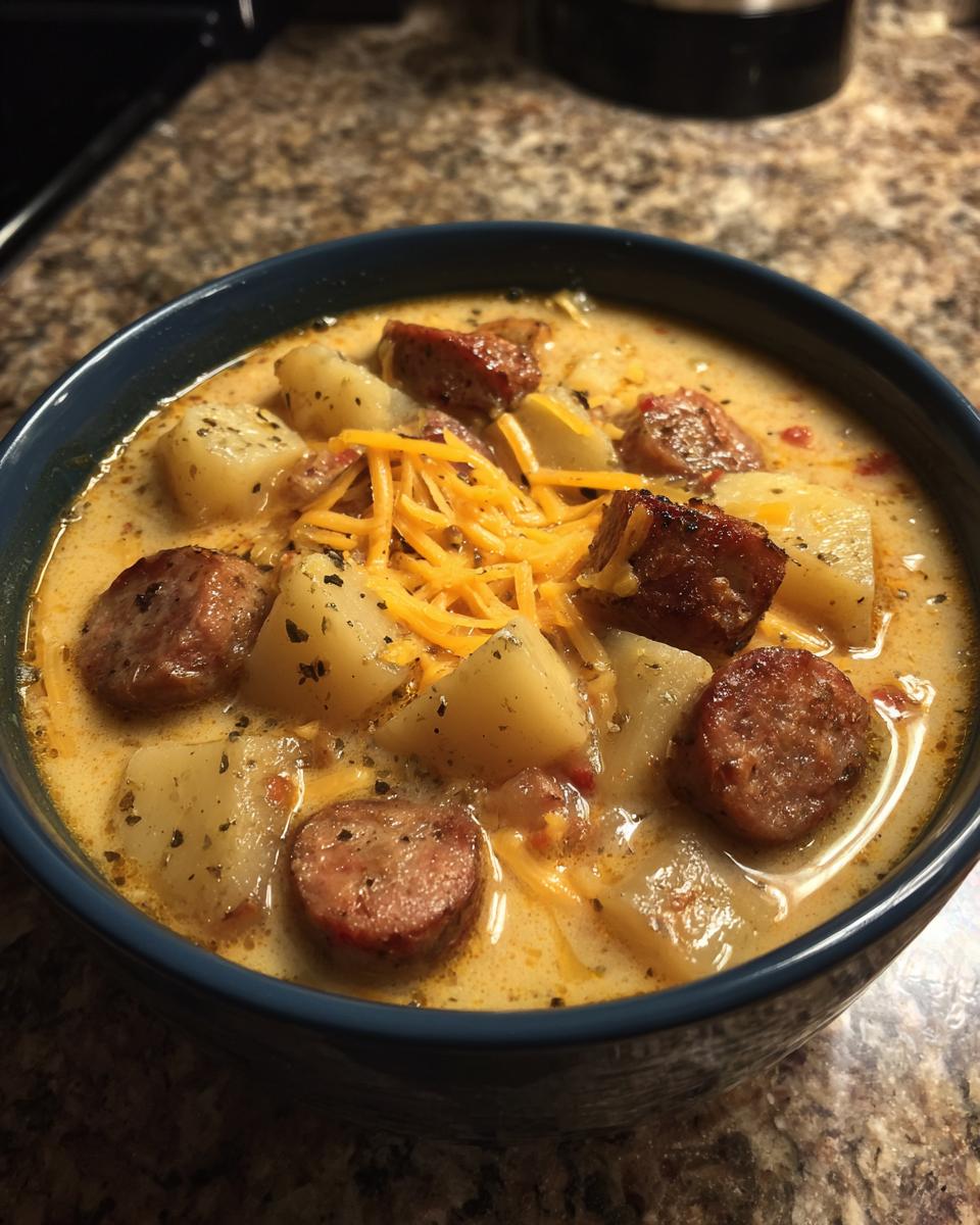 A bowl of creamy Smoked Sausage & Potato Soup, garnished with cheese.