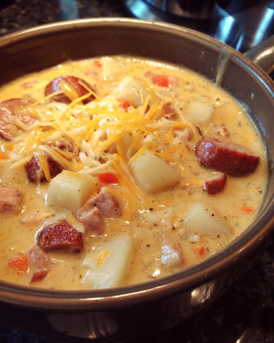 Close-up of a bowl of creamy Smoked Sausage & Potato Soup, topped with cheese.