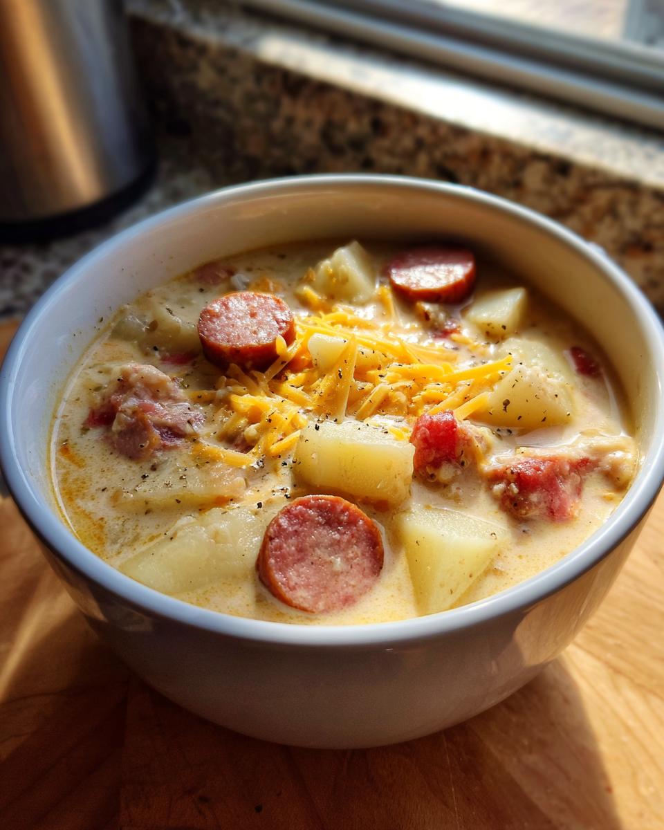 Close-up of a bowl of creamy Smoked Sausage & Potato Soup, garnished with cheese.