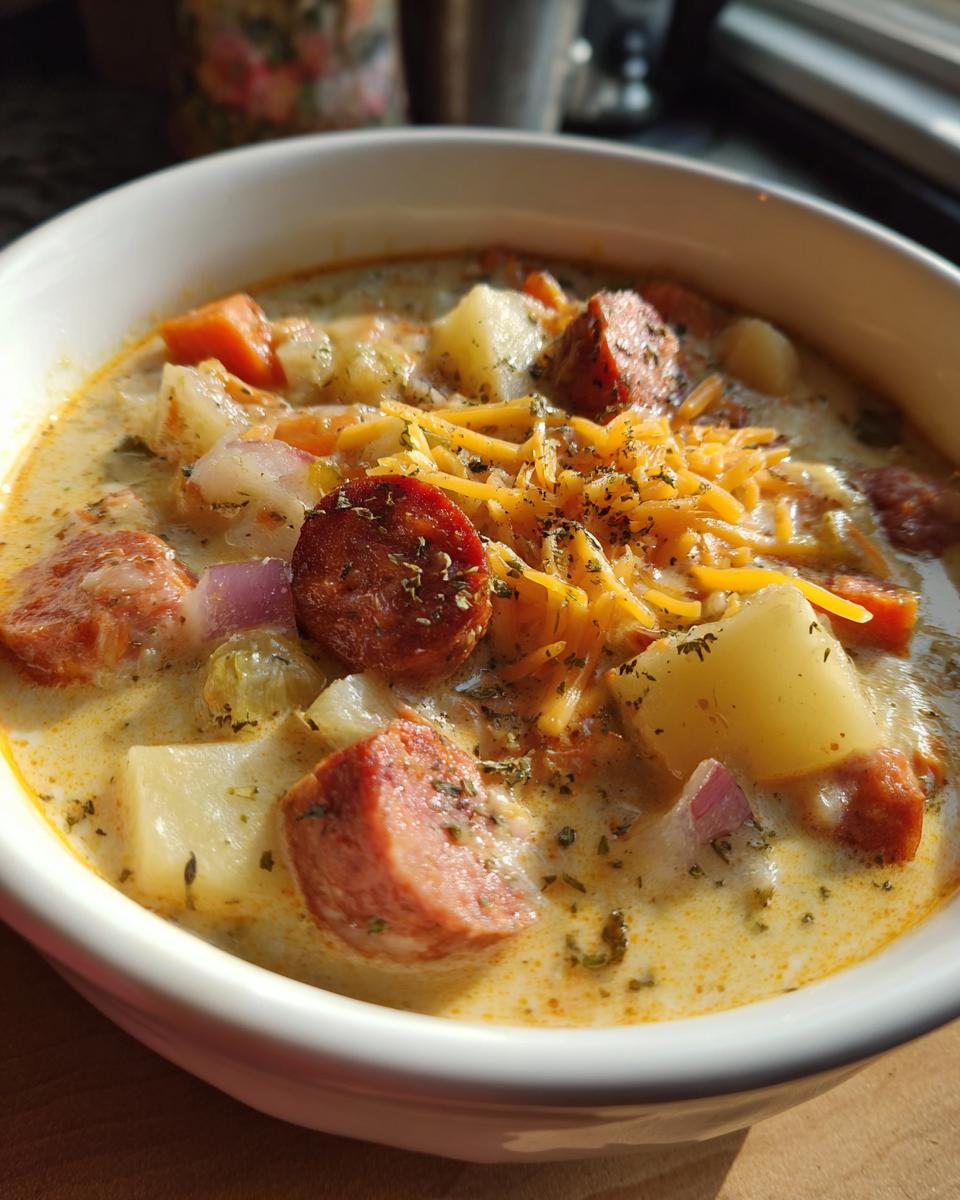 Close-up of a bowl of Smoked Sausage & Potato Soup with sausage, potatoes, carrots, and cheese.