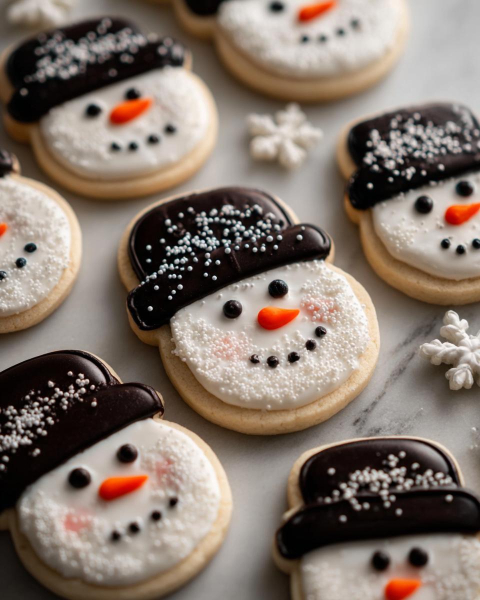 Close-up of adorable Snowman Hat Cookies decorated with white icing, black candy eyes, orange candy noses, and dark chocolate hats.