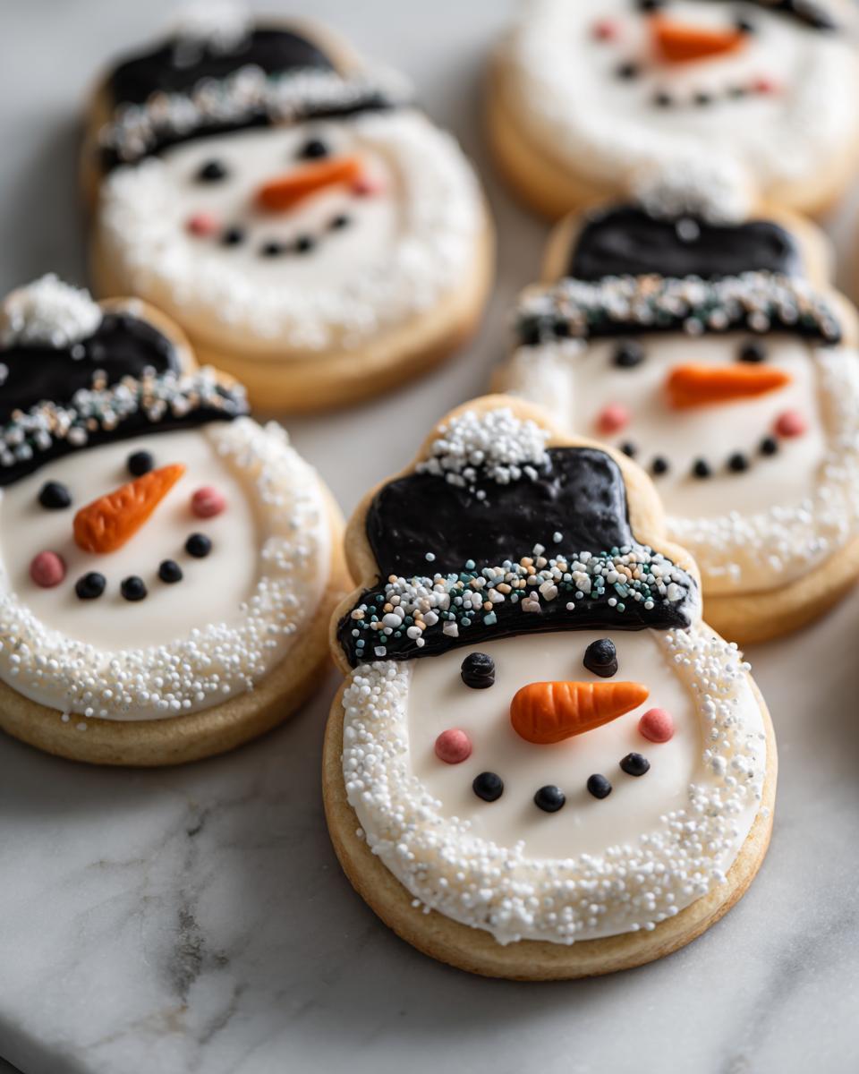 Close-up of several adorable Snowman Hat Cookies decorated with white icing, black hats, and orange carrot noses.