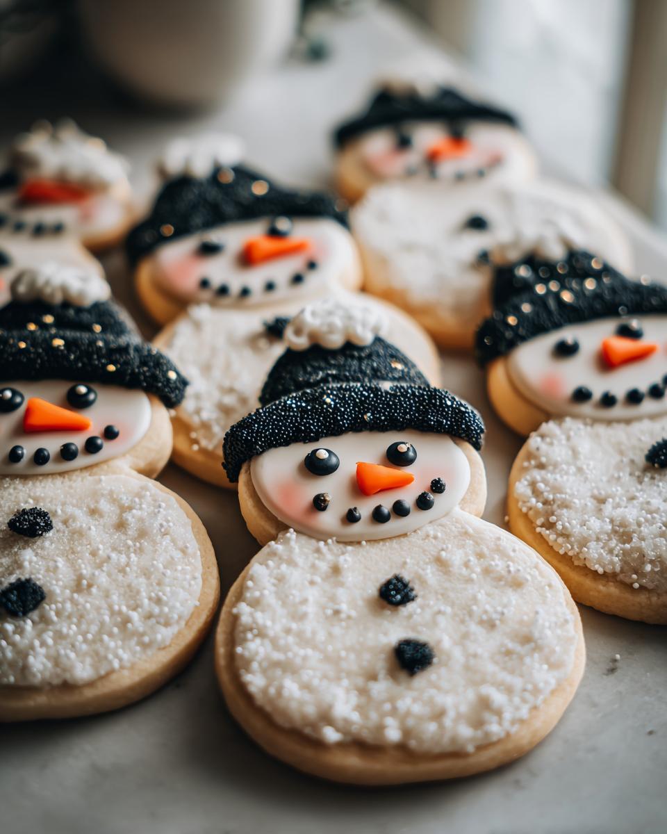 Close-up of several adorable snowman hat cookies decorated with white icing, black hats, and orange noses.