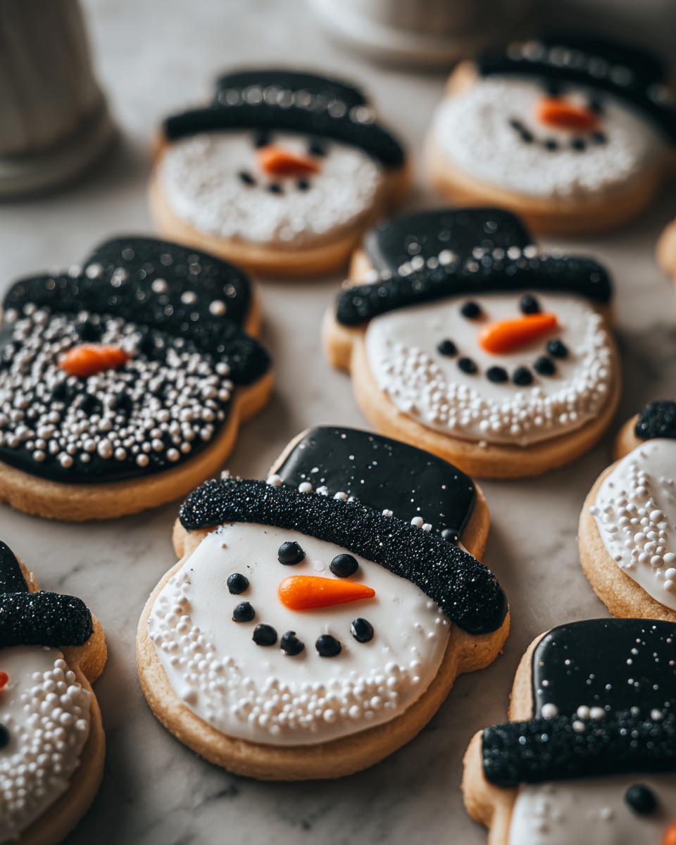 Close-up of adorable snowman hat cookies, decorated with white icing, black sprinkles, and orange carrot noses.