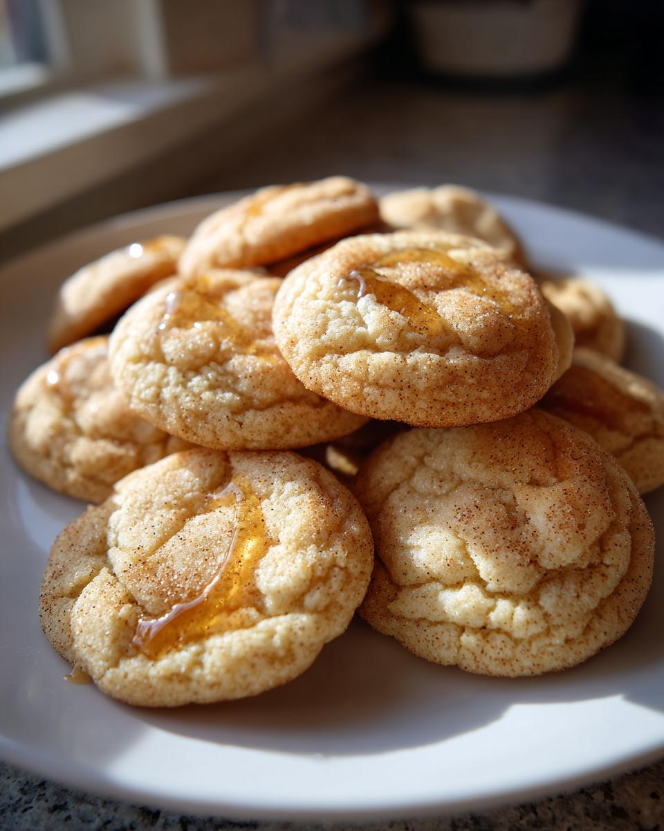 A stack of delicious Soft-Baked Maple Brown Sugar Cookies drizzled with maple syrup on a white plate.