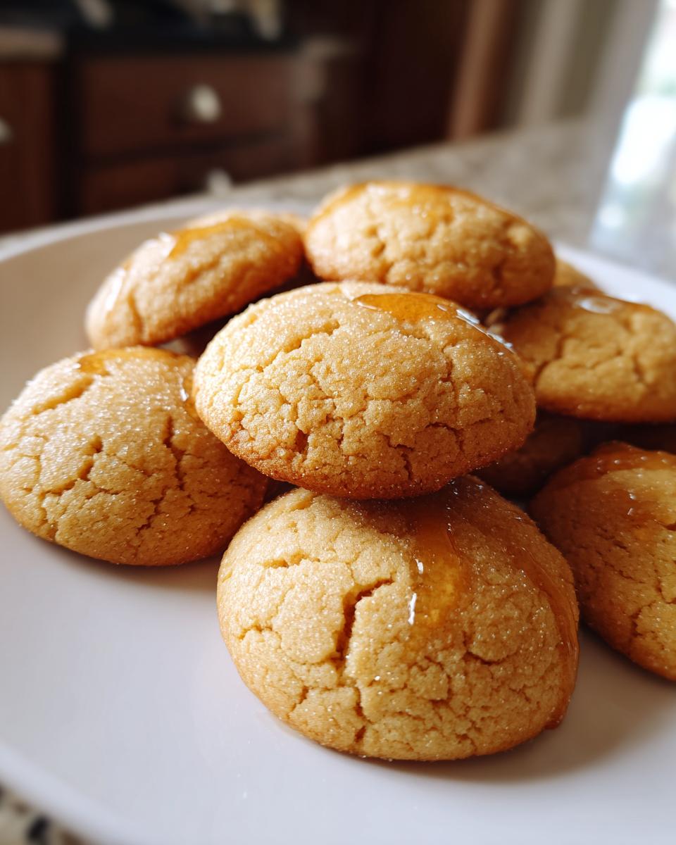 Close-up of a pile of soft-baked Maple Brown Sugar Cookies drizzled with maple syrup.