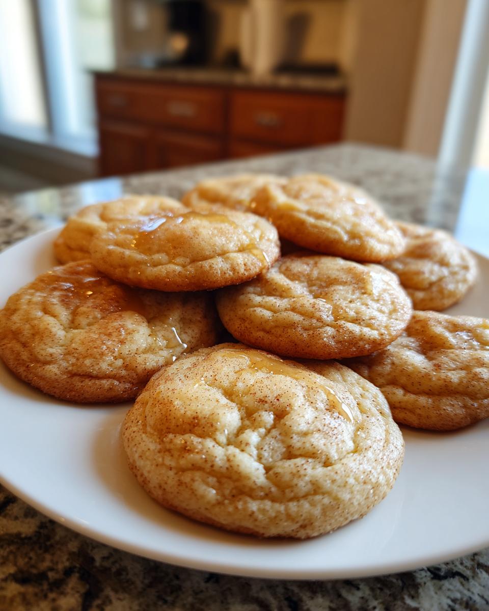 Close-up of a plate with Soft-Baked Maple Brown Sugar Cookies drizzled with maple syrup.