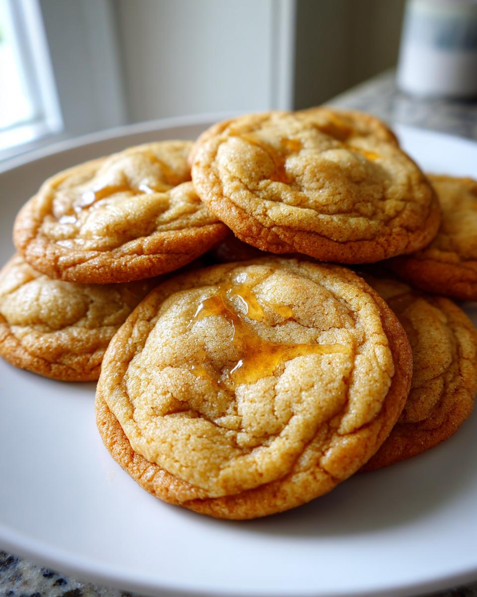 Close-up of soft-baked maple brown sugar cookies drizzled with maple syrup on a white plate.