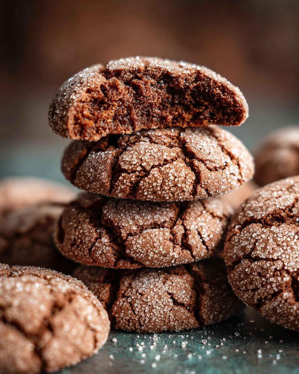 A stack of soft Gingerbread Crinkle Cookies, coated in sugar, with one cookie broken in half to show the texture.