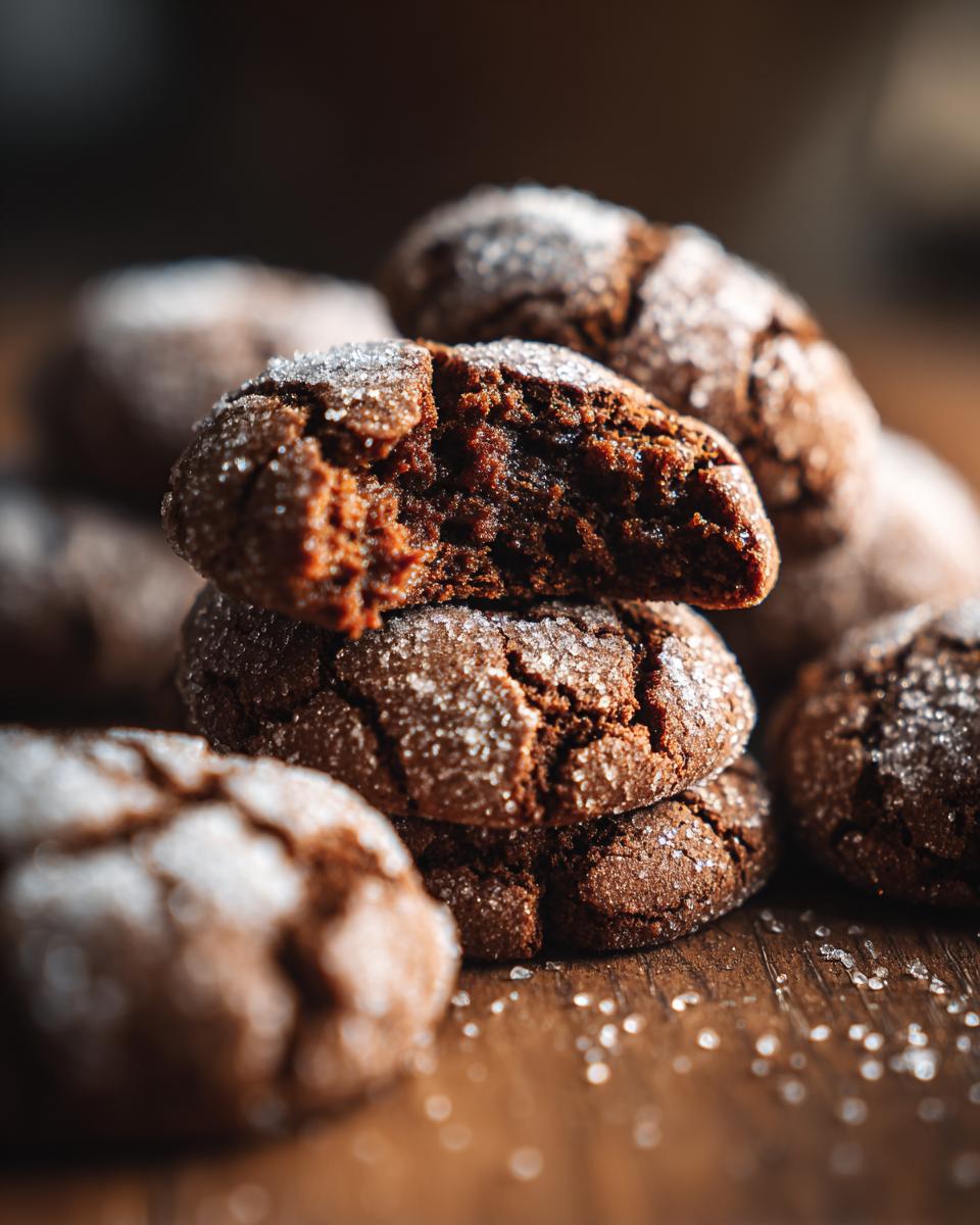 A stack of soft Gingerbread Crinkle Cookies, dusted with sugar, with one cookie broken in half to show the texture.