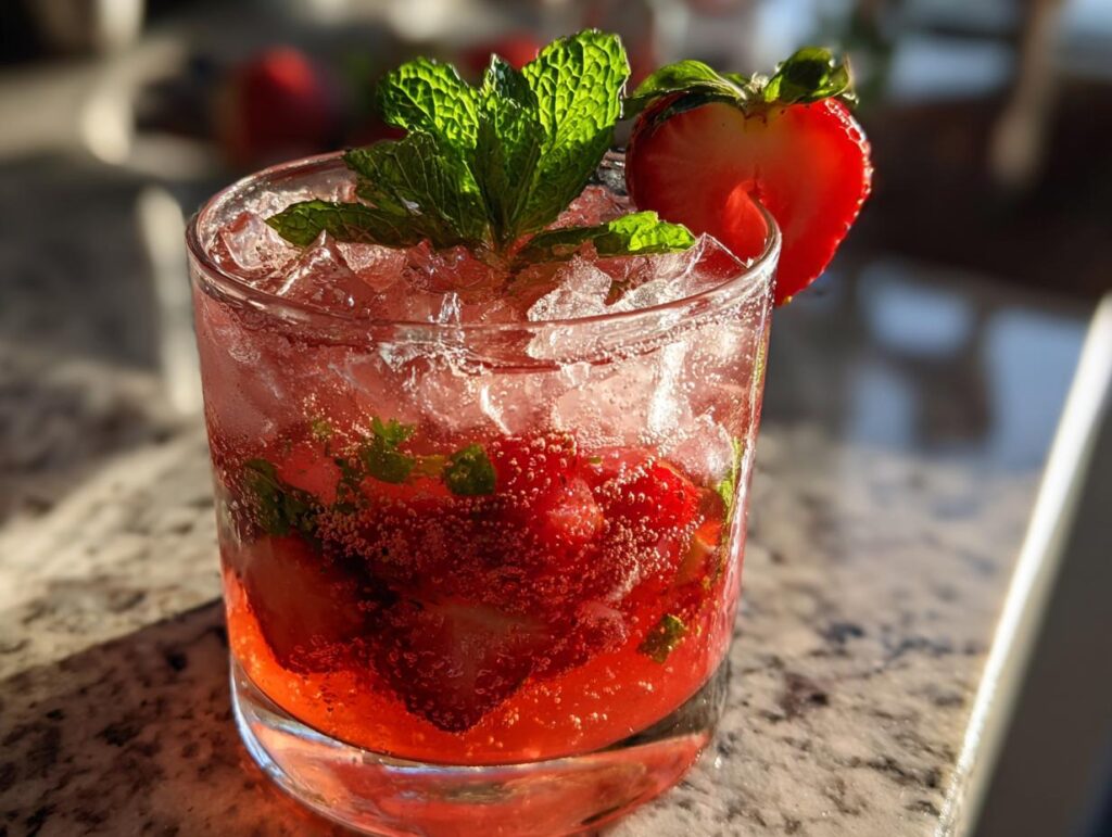 A refreshing Sparkling Strawberry Mocktail in a glass, garnished with fresh mint and a strawberry slice.