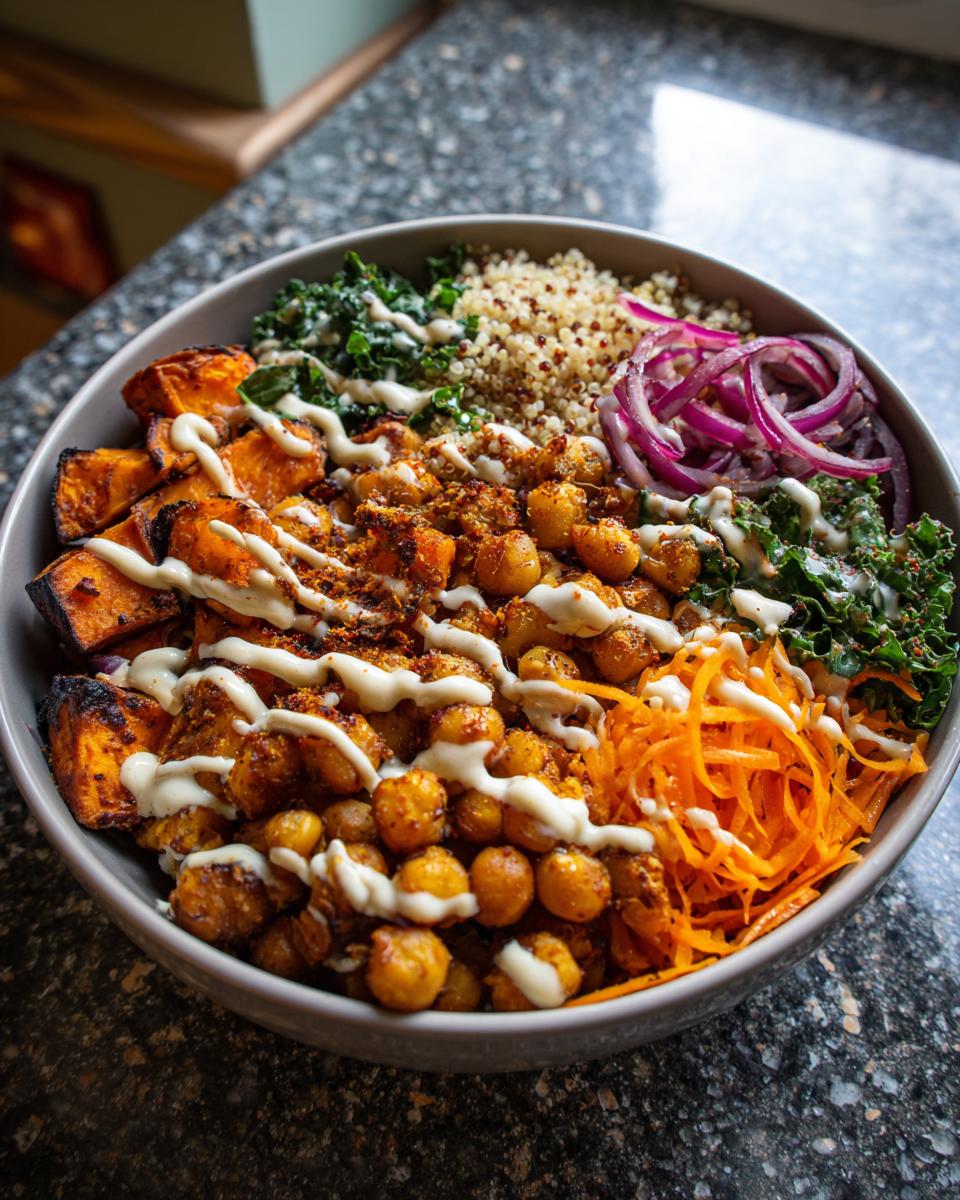 A colorful Spiced Chickpea and Sweet Potato Buddha Bowl with roasted sweet potatoes, chickpeas, and fresh vegetables.