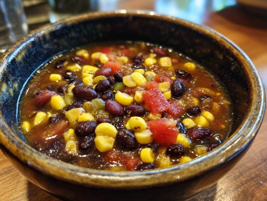 Close-up of a bowl of Spicy Black Bean & Corn Soup, showing black beans, corn, and tomatoes.