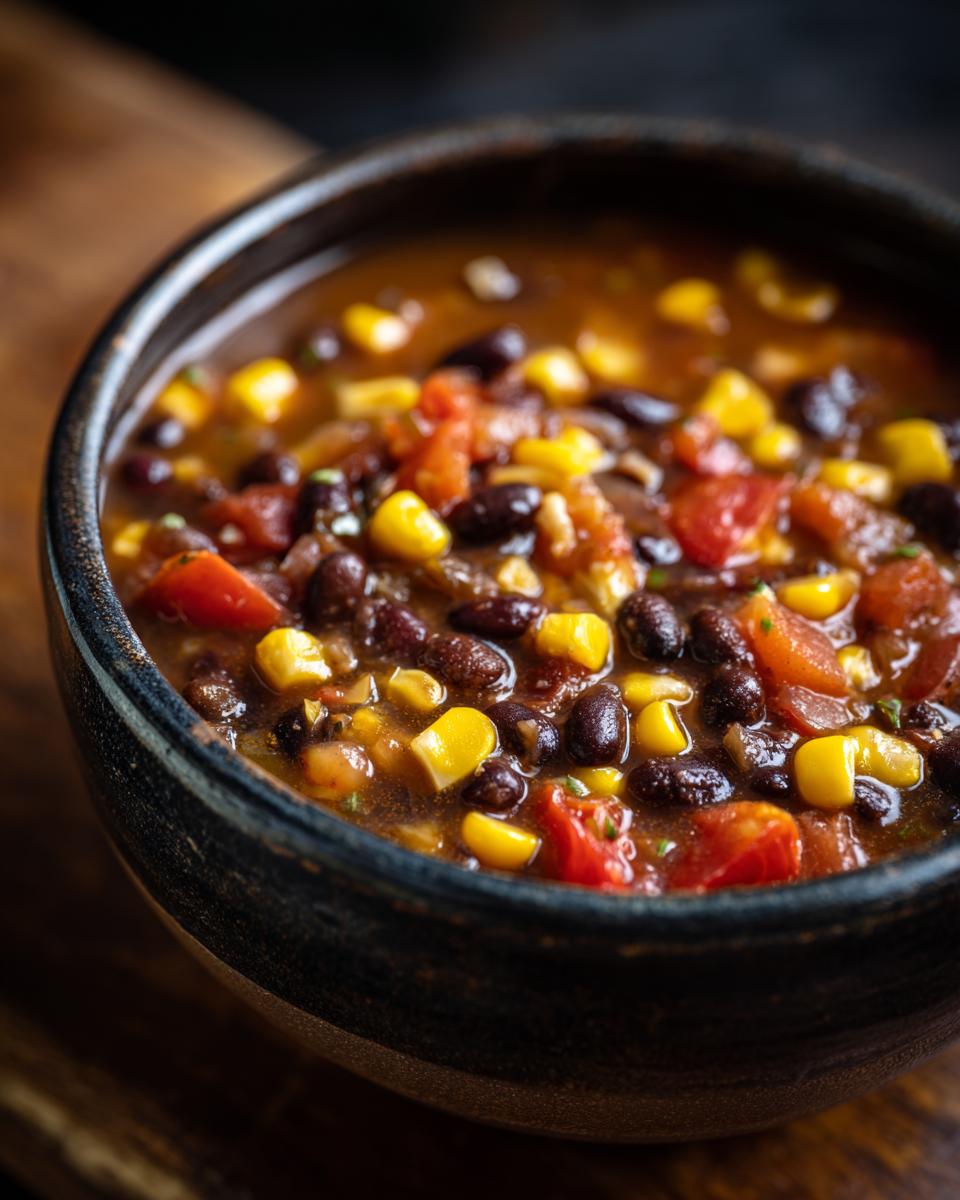 Close-up of a bowl of Spicy Black Bean & Corn Soup with corn, tomatoes, and black beans.