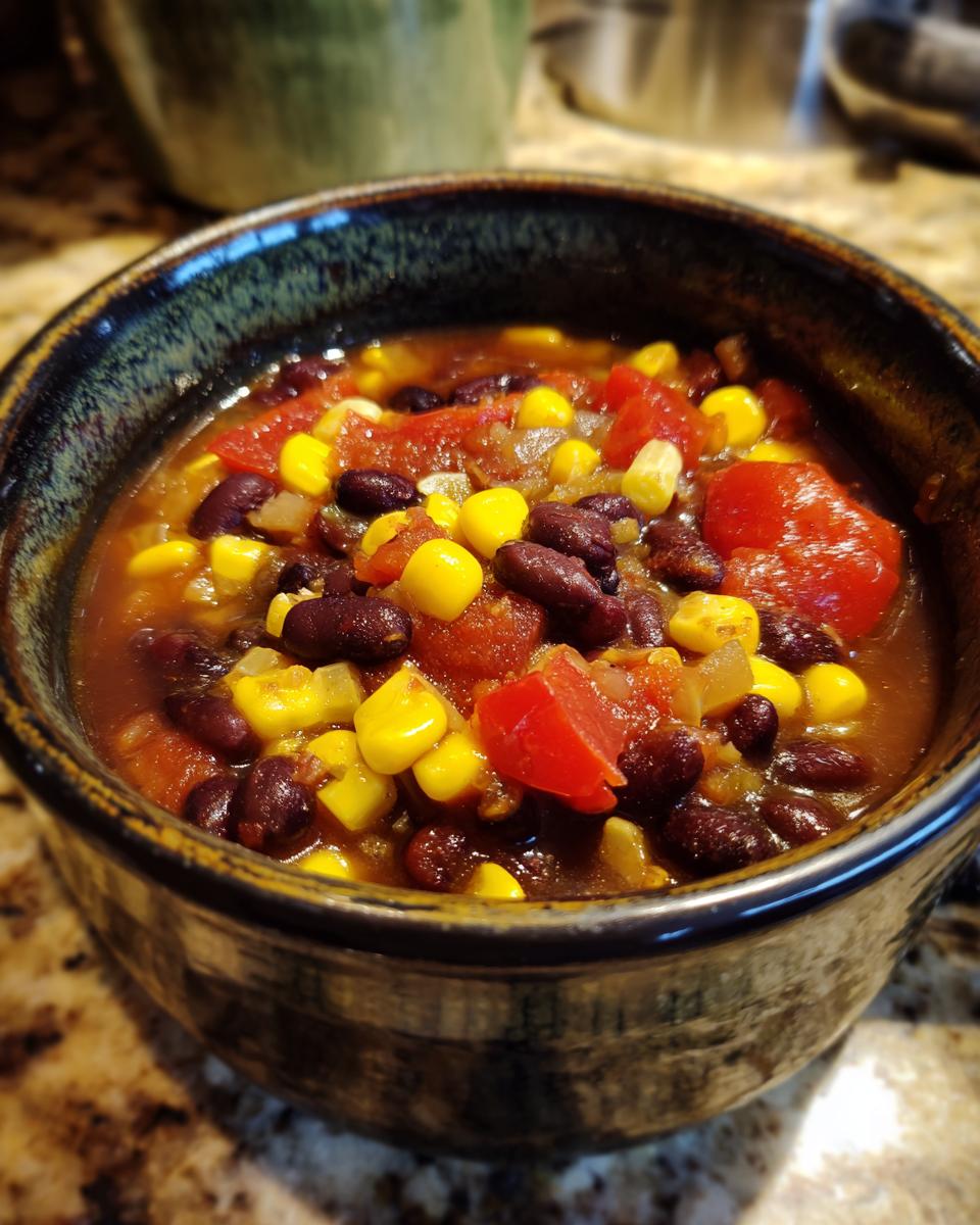 Close-up of a bowl of Spicy Black Bean & Corn Soup with corn, tomatoes, and beans.