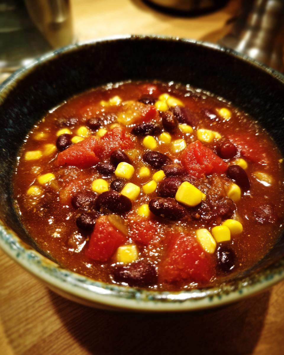 Close-up of a bowl of Spicy Black Bean & Corn Soup, with visible beans, corn, and tomatoes.