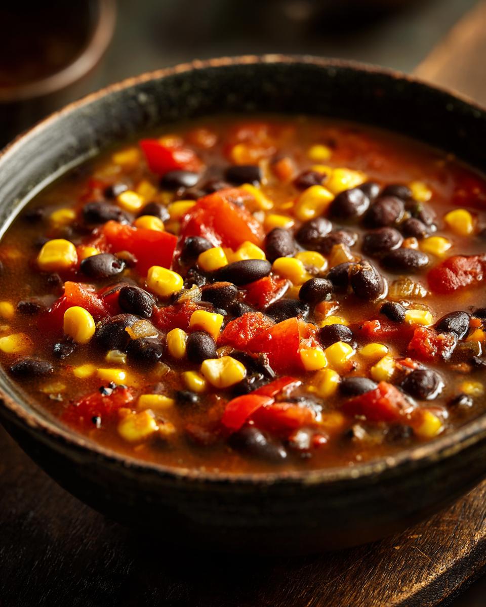 Close-up of a bowl of Spicy Black Bean & Corn Soup with tomatoes and corn.